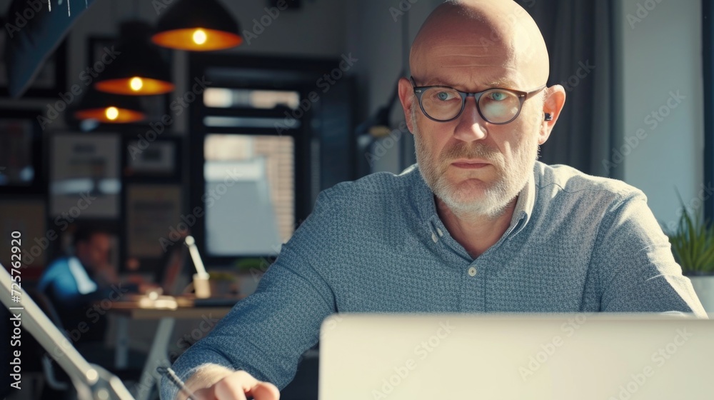 Aufkleber A man is sitting at a table in front of a laptop computer. This image can be used to illustrate work, technology, or remote working