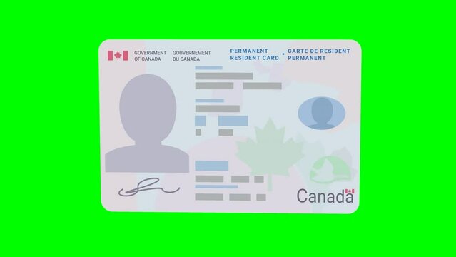 Appearance of a Canadian permanent resident card, from left to right on a green background, with transparency, alpha channel with mask in flat design style