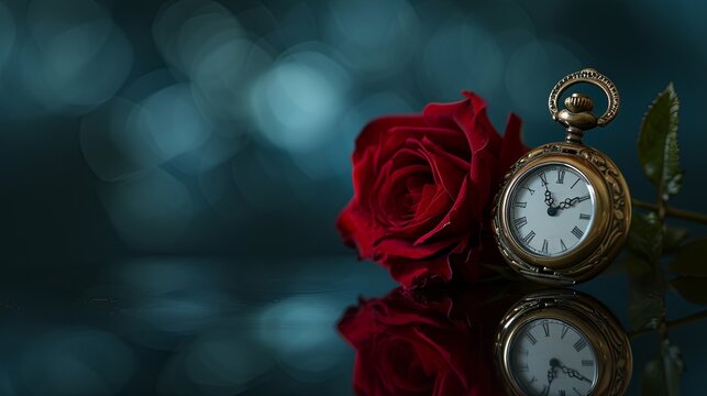 Elegant setup of a vintage pocket watch and a single red rose on a reflective surface. 