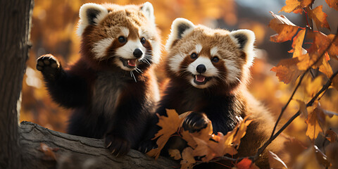 Cuddly red pandas playfully frolicking among the treetops in a vibrant autumn playing in a forest Cute mammal sitting on branch looking at camera.