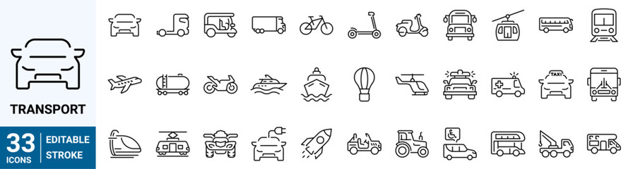 Transport web line icons. Containing car, bike, plane, train, bicycle, motorbike, bus and scooter. Editable stroke. Vector illustration