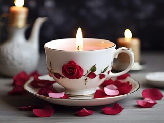 Obraz na płótnie Canvas Teacup candlelight and rose petals. The candle is lit, creating a warm and inviting glow.