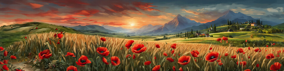 Flower meadow field background banner panorama - Beautiful flowers of poppies poppy Papaver rhoeas in nature - obrazy, fototapety, plakaty