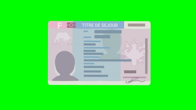 A hand presents a residence permit (Titre de séjour in french), permanent resident card in France on a green background, with transparency, alpha channel with mask in flat design style