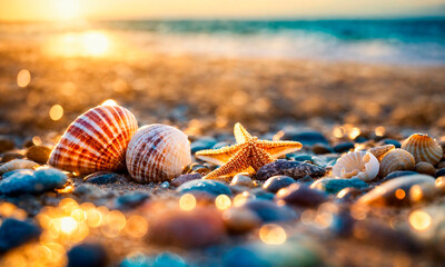 shells and starfish on the seashore. Selective focus. - obrazy, fototapety, plakaty