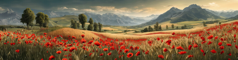 Flower meadow field background banner panorama - Beautiful flowers of poppies poppy Papaver rhoeas in nature - obrazy, fototapety, plakaty