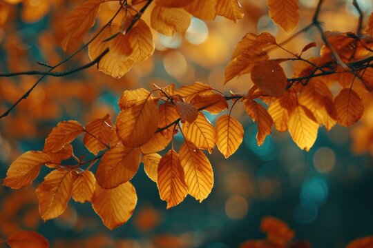 A close-up view of a tree branch covered in vibrant yellow leaves. This image can be used to depict the beauty of autumn or as a symbol of change and transition