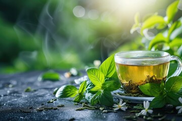 Tea made with fresh, organic green herb leaves. Generative Ai. - obrazy, fototapety, plakaty