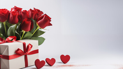 Fototapeta na wymiar Walentynki 14 lutego - romantyczne minimalistyczne tło na życzenia. Mockup, szablon z prezentem, sercem i dekoracjami dla zakochanych. Symbol wyznana uczuć miłości. Kwiaty dla zakochanej kobiety