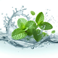 Clean water splash with mint leaves and splatters in water wave isolated on white background
