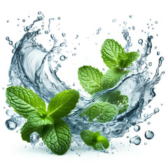 Clean water splash with mint leaves and splatters in water wave isolated on white background