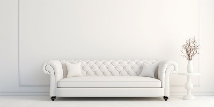 Contemporary white suede sofa on white backdrop. © Vusal