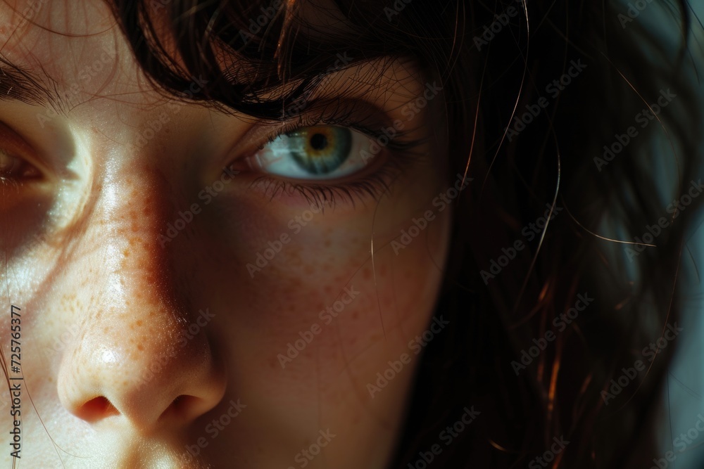 Poster a close up view of a woman's face with prominent freckles. this image can be used to depict natural 