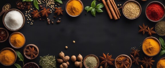 Fototapeta na wymiar Spices and herbs on a wooden board. Pepper, salt, paprika, basil, turmeric. On a black wooden chalkboard