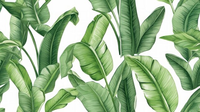 Seamless pattern banana tree and leaves that it is a tropical plant on white background, Generative Ai
