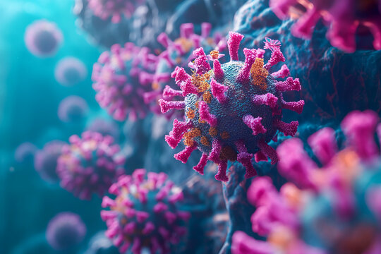 covid sars virus with spikes, infectious viral agent, parasite under the microscope, medicine, medical concept of a corona infection, pandemic
