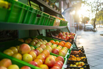 Colorful arrangement of natural organic apples fruits neatly displayed on street store shelves.