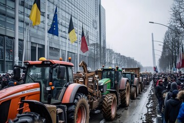 Farmers and hauliers demonstrate against subsidy cuts and tax increases. The demonstrators have come to the event in tractors and trucks. - obrazy, fototapety, plakaty