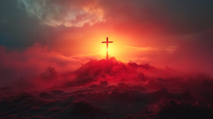 Sunset behind cross in Easter landscape