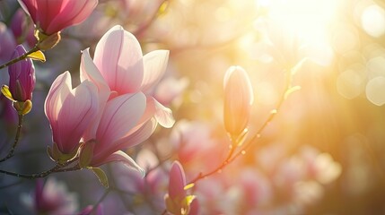 Spring flowers in sunny day in nature, blooming Magnolia, Colorful natural spring background
