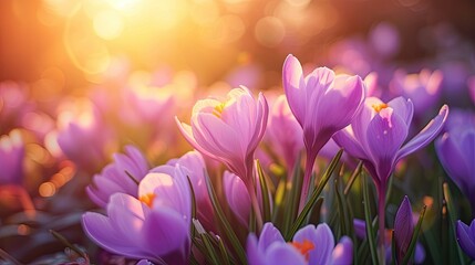 Spring flowers in sunny day in nature, blooming crocuses, Colorful natural spring background