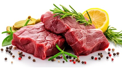 A pile of raw meat next to a lemon and pepper. Perfect for food preparation and cooking recipes