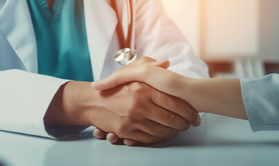 Close-up of doctor hand giving handshake to patient after consultation in cabinet - obrazy, fototapety, plakaty