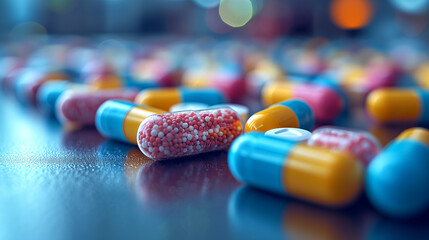 Pills of different colors in shallow depth of field background