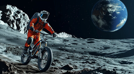 Man on mountain bike on the moon