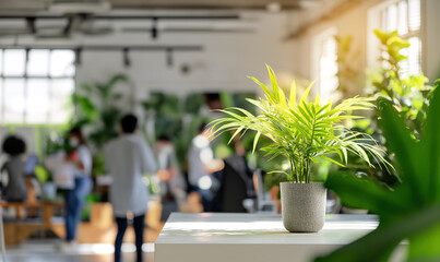 Green plant in pot inside work studio with blurred people - obrazy, fototapety, plakaty