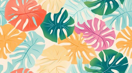 Vector seamless pattern of hand drawn tropical leaves. Jungle line monstera leaves. Nature floral background. Generative Ai