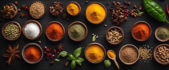 Tuinposter Spices and herbs on a wooden board. Pepper, salt, paprika, basil, turmeric. On a black wooden chalkboard © Adi