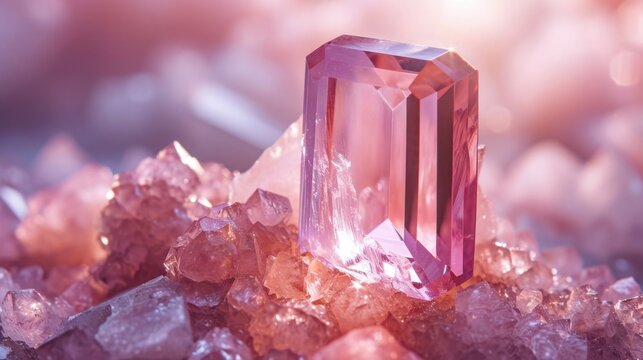 Radiant Morganite gemstone, its soft pink hues emitting warmth and romance, set against a gentle, light background