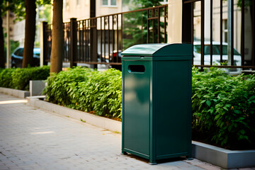 Modern garbage bin, smart metal trash can on street. New waste bin for separate trash and recyclable waste - obrazy, fototapety, plakaty