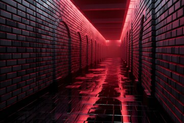 Abstract illustration of a dark corridor with red brick walls - obrazy, fototapety, plakaty