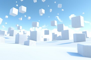 Abstract of white cubes flying in the blue sky