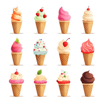 Ice cream flat icons set on white background, Ai generated image
