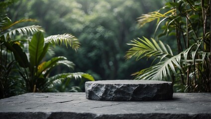Fototapeta premium Empty stone podium with forest background . product display ideas