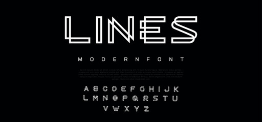 Glowing Double line monogram alphabet and tech fonts. Lines font regular uppercase and lowercase. Vector illustration. - obrazy, fototapety, plakaty