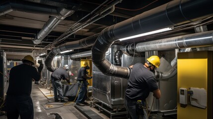 Fototapeta premium An HVAC ventilation repair service worker is checking a heating duct. 