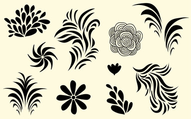 Abstract floral ornate decor silhouette elements clipart ornamental decorative flower leaf set vector design - obrazy, fototapety, plakaty