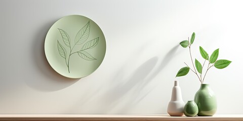Botanical pattern on stylish interior decor. Minimalist leaf-shaped decorative plate on minimalist background.