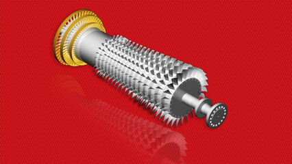 Gas turbine rotor illustration showing several stages of impulse and reaction blades on an industrial frame configuration on a red carbon fiber background