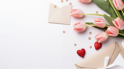 Walentynki - jasne tło na życzenia. Mockup, szablon z bukietem, kopertą i listem z wyznaniem uczuć miłości. Kwiaty dla zakochanej kobiety - obrazy, fototapety, plakaty