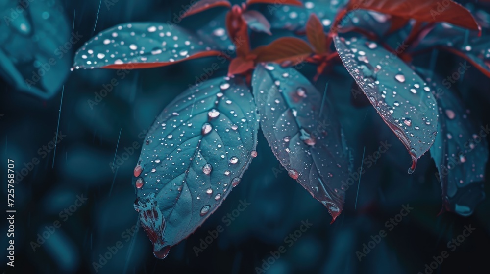 Poster a detailed view of a plant with glistening water droplets. perfect for adding a fresh and natural to
