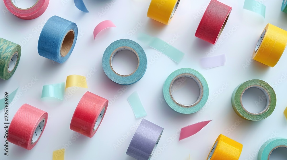 Poster Various colors of tape arranged on a white surface. Suitable for design projects and creative concepts
