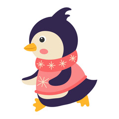 Cute cartoon penguin in a knitted sweater. Vector illustration.