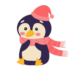 Cute cartoon penguin wearing a hat and scarf. Vector illustrations.