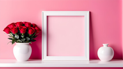 mockup frame in the valentines day with white shelf on pink color wall
