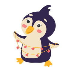 Cute cartoon penguin with garland. Vector illustration.